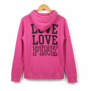 VTG Victoria Secret Love Pink Y2K Hoodie Jacket Size Large Kangaroo Pocket Black